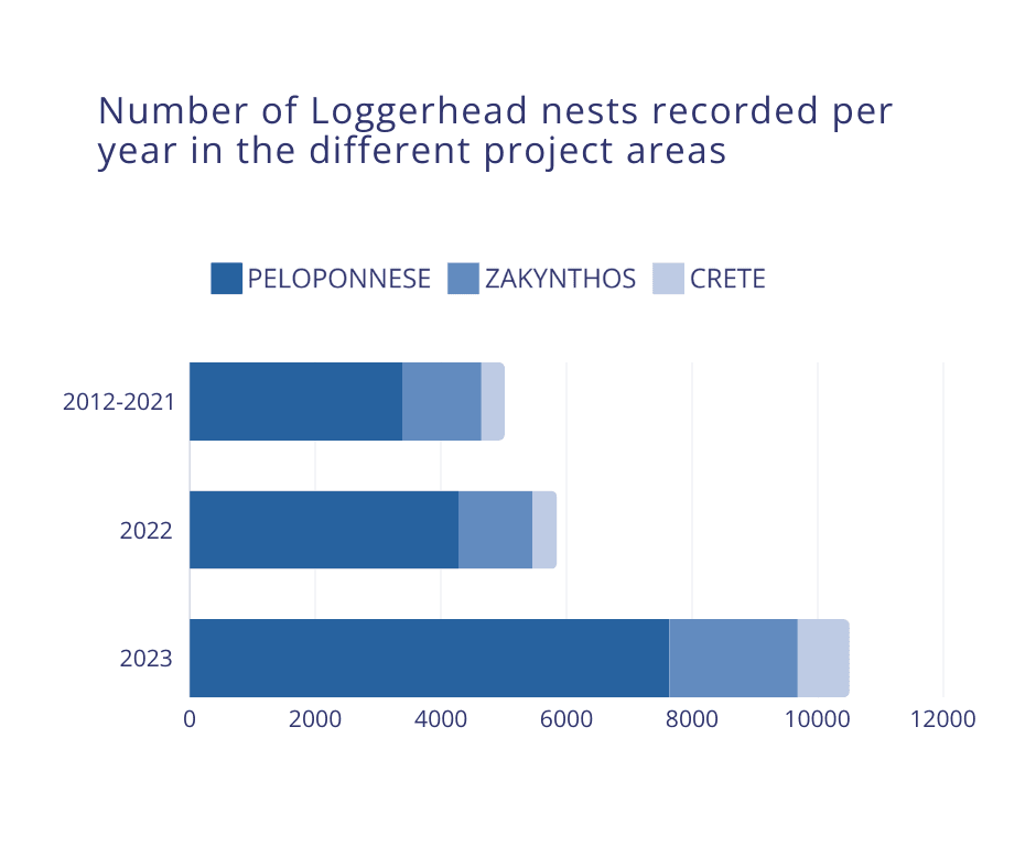 Number of Loggerhead nests recorded per year in the different project areas